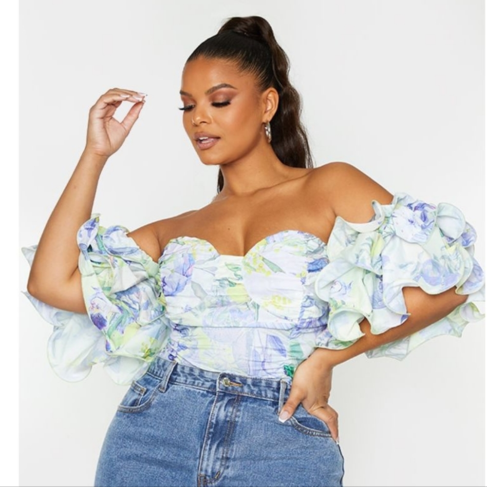 PrettyLittleThing Floral Ruffle Blouse - Blue and Green